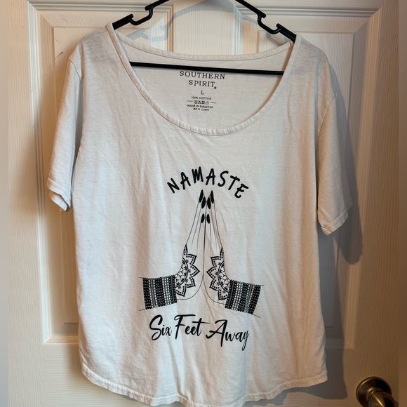 Southern Spirit Tops - Oversized White 'Namaste Six Feet Away' Graphic Tee!